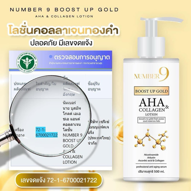 ( 1 ขวด 500 ML )✅โลชั่นทองคำผสมคอลลาเจน  Body Lotion Collagen AHA - รูปที่ 3