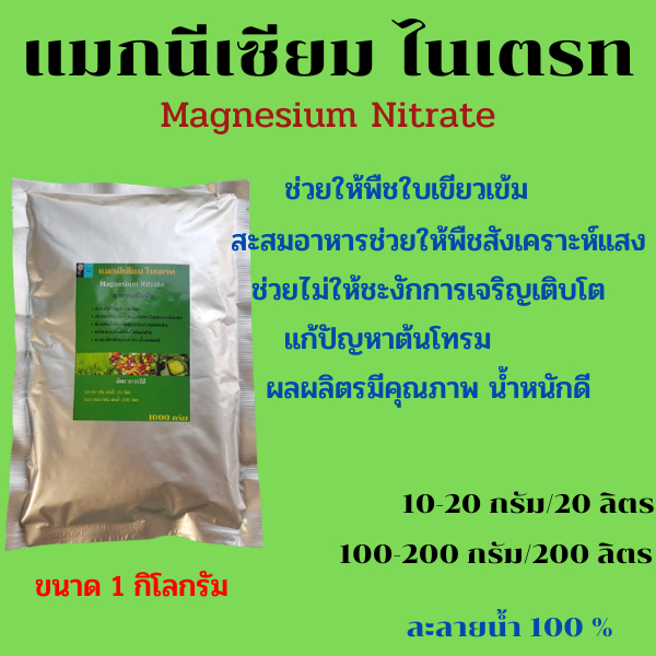 แมกนีเซียม ไนเตรท (Magnesium Nitrate) ช่วยให้พืชบเขียวเข้ม สังเคราะห์แสงได้ดี แก้ปัญหาต้นโทรม ละลายน้ำ 100% ขนาด 1 กิโลก