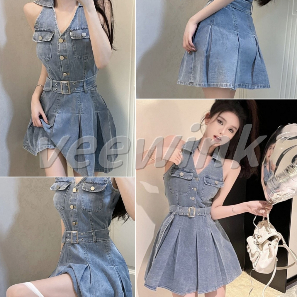 Veewink พร้อมส่งจากกทม ชุดเดรสยีนส์ พร้อมเข็มขัดรัดตัว สวยมากค่าา กระโปรงยีนส์