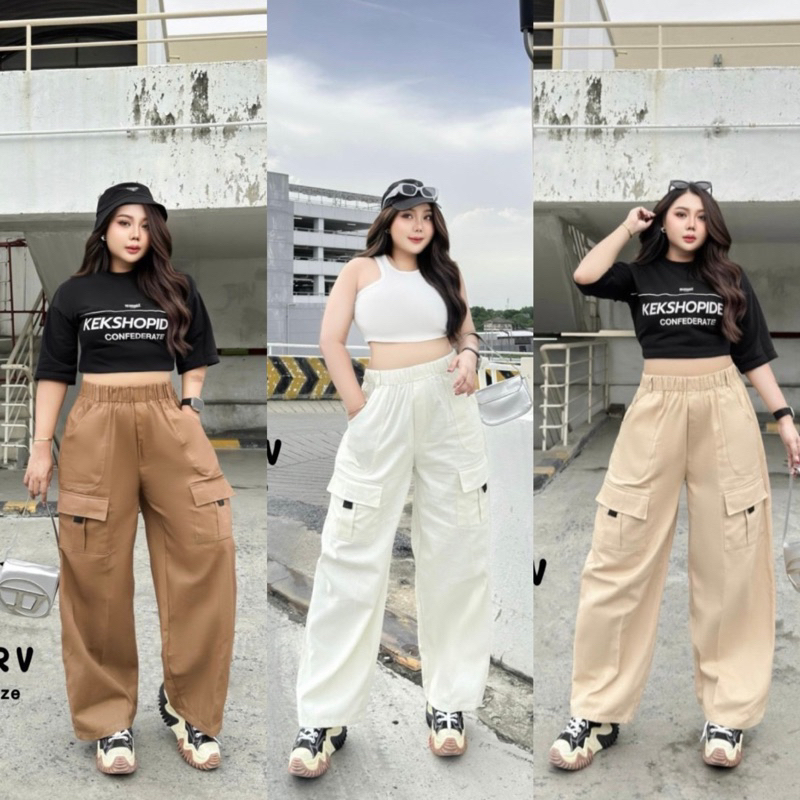 กางเกงขายาว สาวอวบ ทรงบอย คาร์โก้ แต่งกระเป๋าหน้าสุดเท่ห์ สม็อครอบเอวใส่สบาย กางเกงสาวอวบ plussize