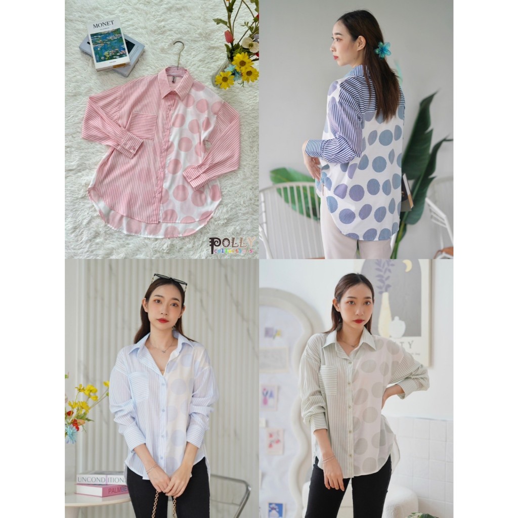 ป้าย Polly เสื้อเชิ้ตลายริ้ว 2 โทน แต่งสลับผ้าลายจุดหน้าหลัง อก 44 นิ้ว