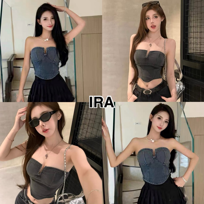 BY IRA (23221)Denim crop top เสื้อเกาะอกยีนส์ แต่งอะไหล่ทอง สม็อคหลัง สายปาร์ตี้คือห้ามพลาด ฝอมากกก