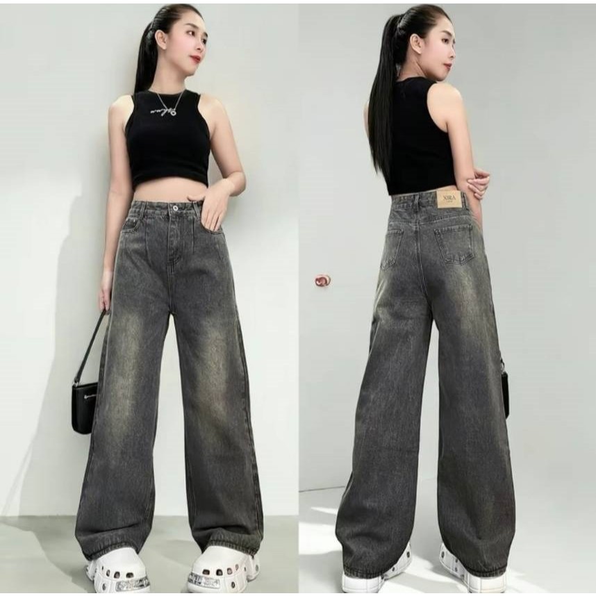 XIRA กางเกงยีนส์แบรนด์ กางเกงยีนส์เอวสูง ทรงกระบอกสีดำฟอก #8086