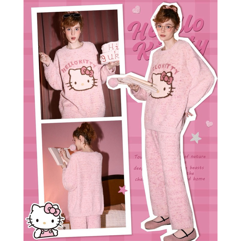 Gukoo/️hellokitty pink winter pajamas!! Cute home clothes set D ชุดนอนฮัลโหล คิตตี้