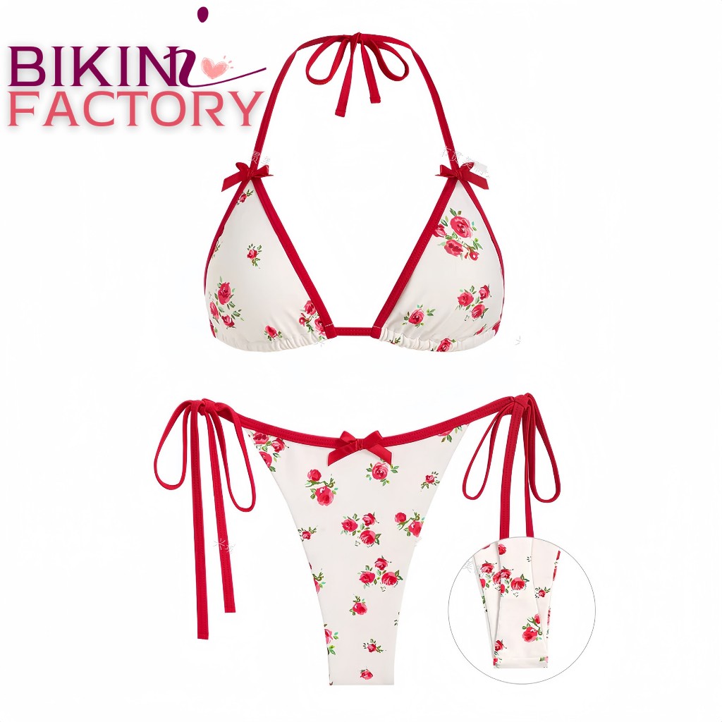 BIKINI FACTORY ชุดว่ายน้ำรุ่นใหม่ บิกินี่ลายกุหลาบแดง บิกินี่ทูพีช ติดโบว์แดงเล็กๆ แบบผูก มีของพร้อมส่ง BK-106