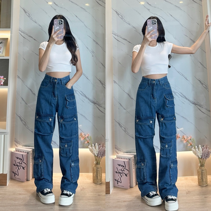 คาร์โก้ยีนส์สีเข้ม ชาย/หญิง ใส่ได้ ทรงเท่ๆ B508 กางเกงยีนส์ผ้าไม่ยืดเอวสูง Jeans