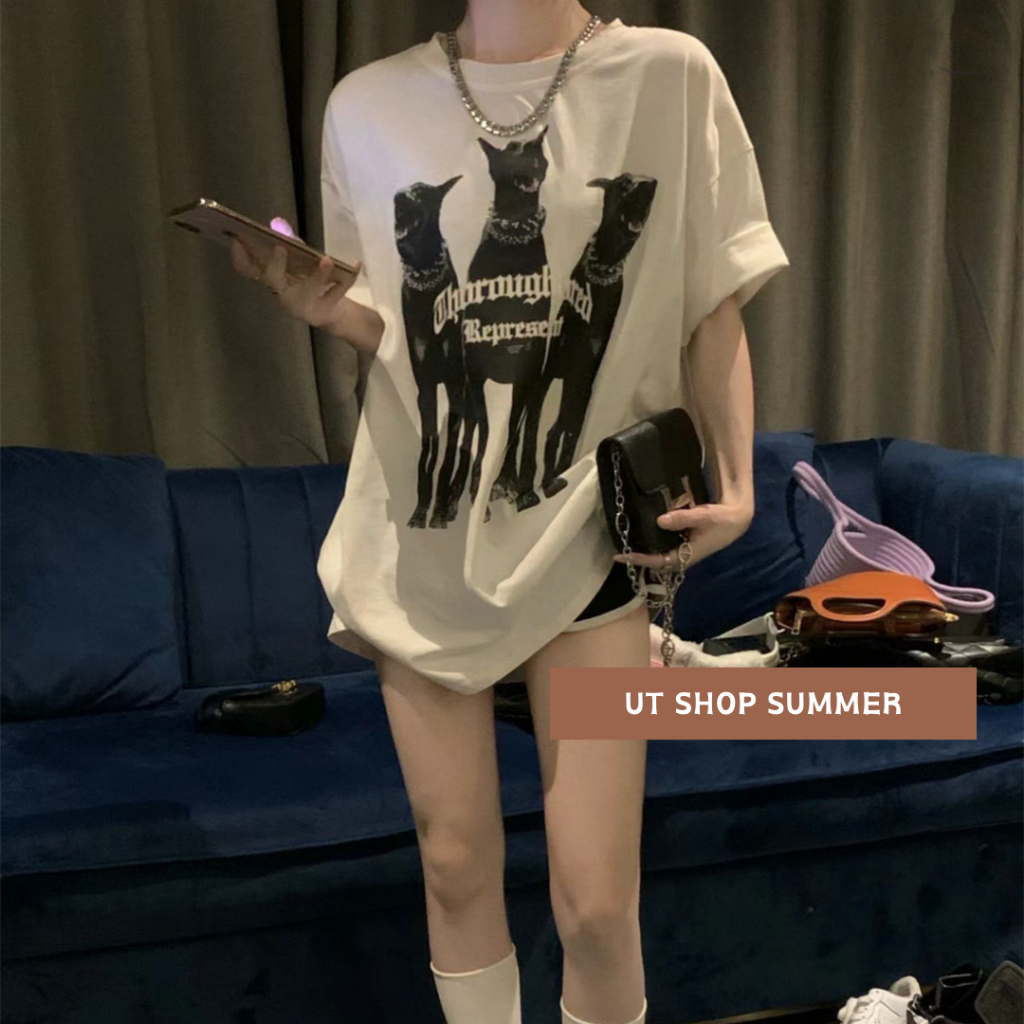 [UT]ใหม่✨ เสื้อยืด โอเวอร์ไซส์วินเทจ ลายโดเบอร์แมนพินเชอร์ ผ้าคอตตอน ผ้าฝ้ายใส่สบาย สไตล์เกาหลี สไตล์สตรีทพิมพ์ 1866 DOG