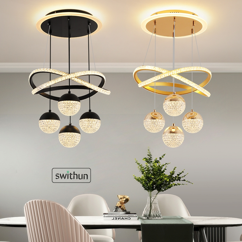 โคมไฟเพดาน led โคมไฟระย้า โกลเด้น สีดำ ห้องนั่งเล่น ไฟตกแต่ง ด้วยรีโมทคอนโทรลเพื่อเปลี่ยนแสง 3สี ลวดแขวน ปรับได้