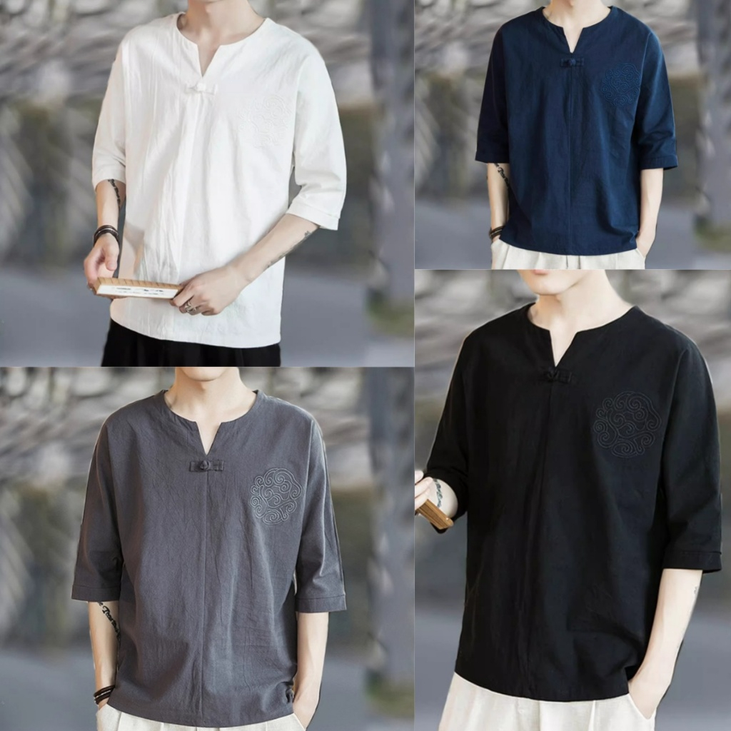 NEW เสื้อเชิ้ตผู้ชาย เสื้อเชิ้ตผู้ชายแขนสั้น ผ้าฝ้าย และผ้าลินิน ไซส์ใหญ่ ระบายอากาศดี แบบบาง คอกลม