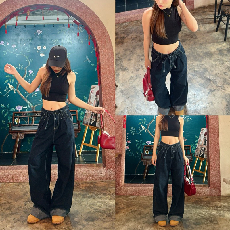 Classy Denim - ยีนส์เอวจีบงานเเต่งเชือก ป้าย iLona (XS-2XL) #888