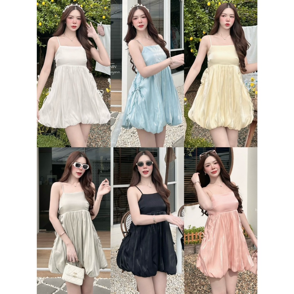 เดรสสายเดี่ยวทรงบอลลูน เดรสสั้นบอลลูนสีขาว น่ารักๆเกาหลี ตัวผ้ามีความเงาวิ้งสะท้อนแสง ป้าย PICHA.
