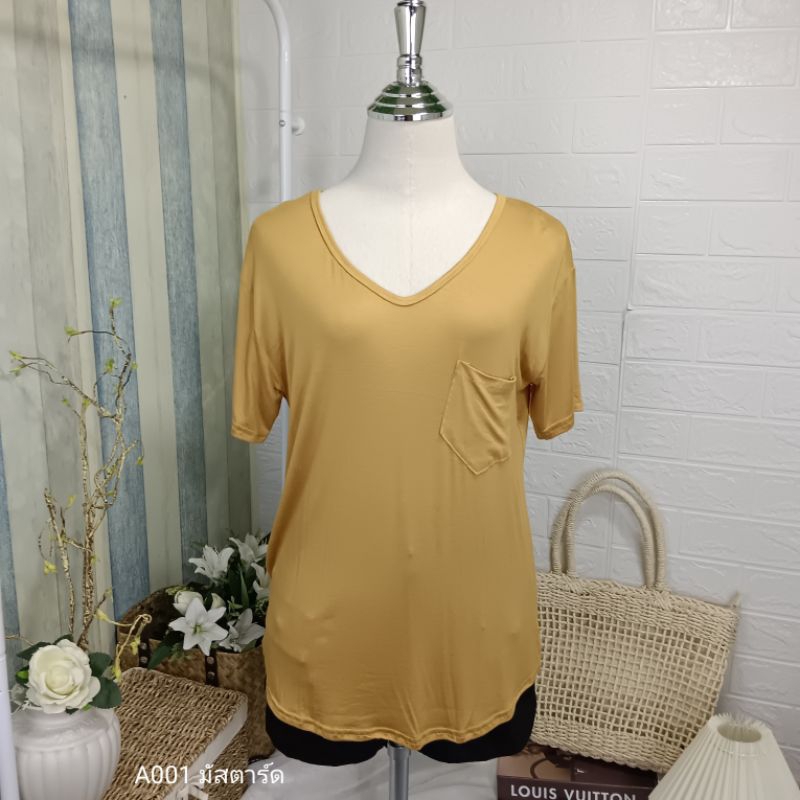 A001 เสื้อยืดคอวี ผ้าเรย่อน อก 36-44 นิ้ว สาวอวบใส่ได้ มีกระเป๋าหน้า  ใส่สบาย ผู้หญิง - รูปที่ 4