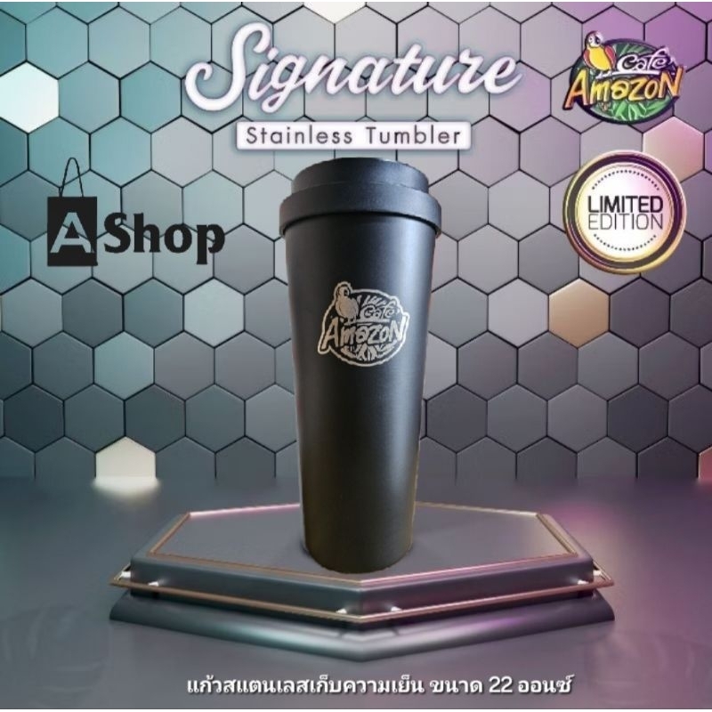 แก้วสเตนเลสเก็บความเย็น “Café Amazon Signature Stainless Tumbler” สีดำฝาดำ