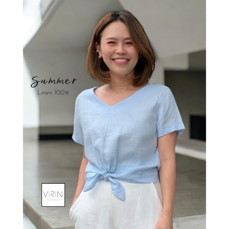 Virin_Clothing เสื้อลินินผูกโบว์ ใส่ได้2ด้าน Summer Linen