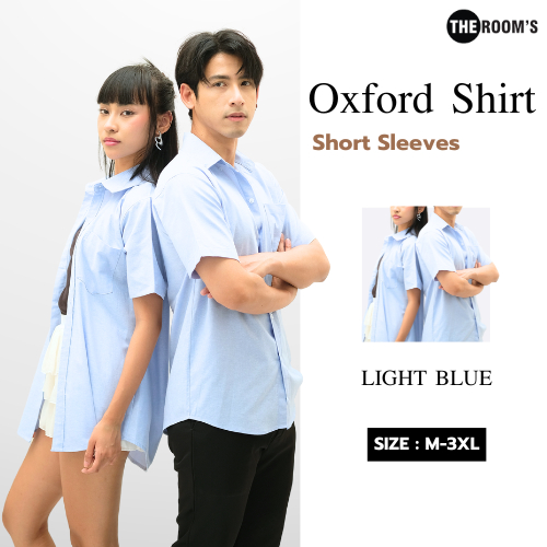 THE ROOM'S - เดอะรูม เสื้อเชิ้ต คอปก สีฟ้า Oxford แขนสั้น รีดง่าย ใส่สบาย