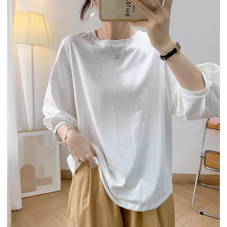 เสื้อยืดแขนยาวทรงหลวมสไตล์เกาหลี สีพื้น Oversize เสื้อผ้าสาวอวบมินิมอลน่ารักๆ เสื้อแขนบอลลูนแฟชั่นสวยๆผู้หญิงฤดูร้อนใหม่
