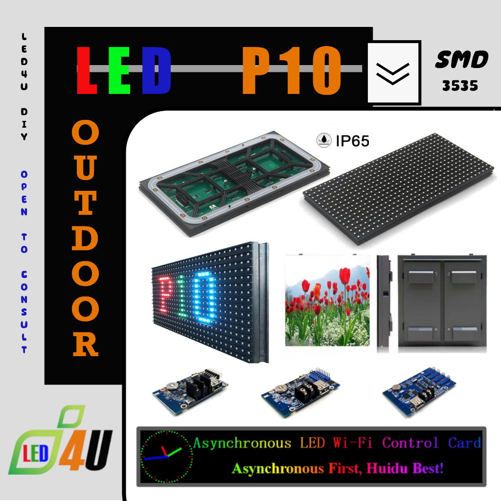 LED P10 RGB SMD3535 โมดูลสีเต็มรูปแบบ ขนาด 32x16 ซม. สำหรับภายนอกอาคาร ใช้ทำป้ายวิดีโอ ป้ายภาพ ป้ายข้อความ ป้ายไฟวิ่ง