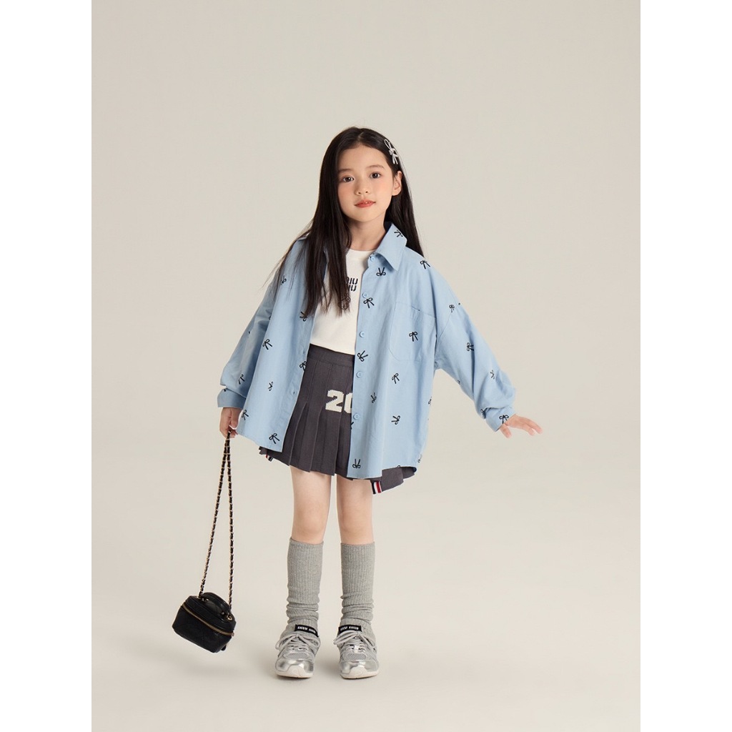 PRETTY BABY พร้อมส่ง เสื้อคลุมเด็กผู้หญิง เสื้อเชิ๊ตแขนยาว โอเวอร์ไซส์ ลายโบว์(1323.1)