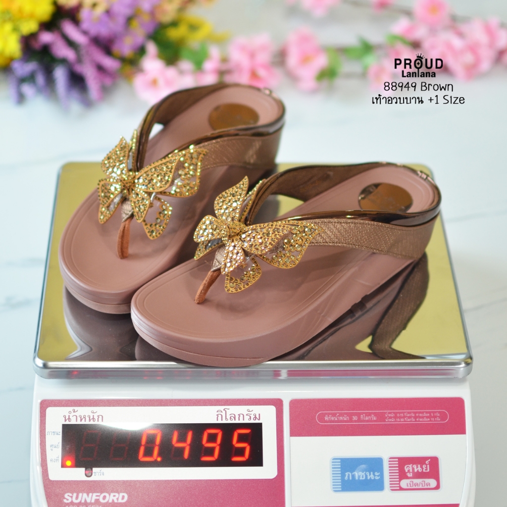 88949 รองเท้าพื้นสุขภาพสูง 1.5นิ้ว คีบผีเสื้อเท้าเรียวทูโทน(เท้าอวบบาน+1ไซส์)