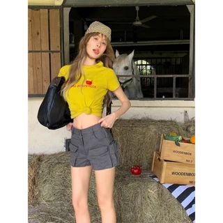 Cicishop(753) กางเกงขาสั้นดีเทลกระเป๋าด้านหน้าสามารถใช้งานได้จริง สไตล์สาวเท่ห์