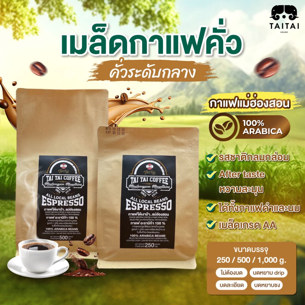เมล็ดกาแฟคั่ว (คั่วระดับกลาง) กาแฟอะราบิก้า Premium 100% จากจังหวัดแม่ฮ่องสอน ปลูกใต้เร่าเงาแห่งป่าบนดอยสูงกว่า 1,200ม.