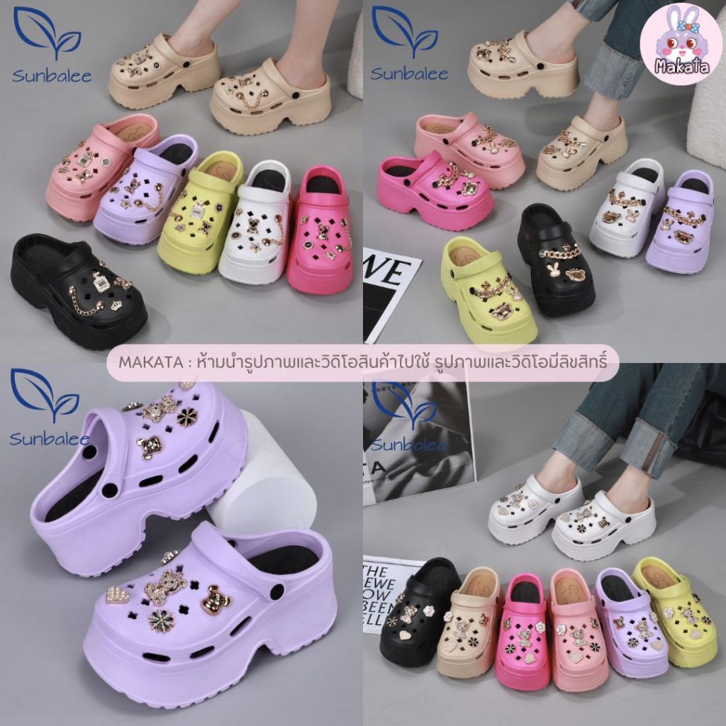 SHO-E8899 🦄 รองเท้าหัวโต แถมตัวติดสีทอง ส้นสูง 8 CM รองเท้าแบบสวม มีสายรัดส้น สวยแบบติดแกรม วัสดุ EVA สินค้าพร้อมส่ง