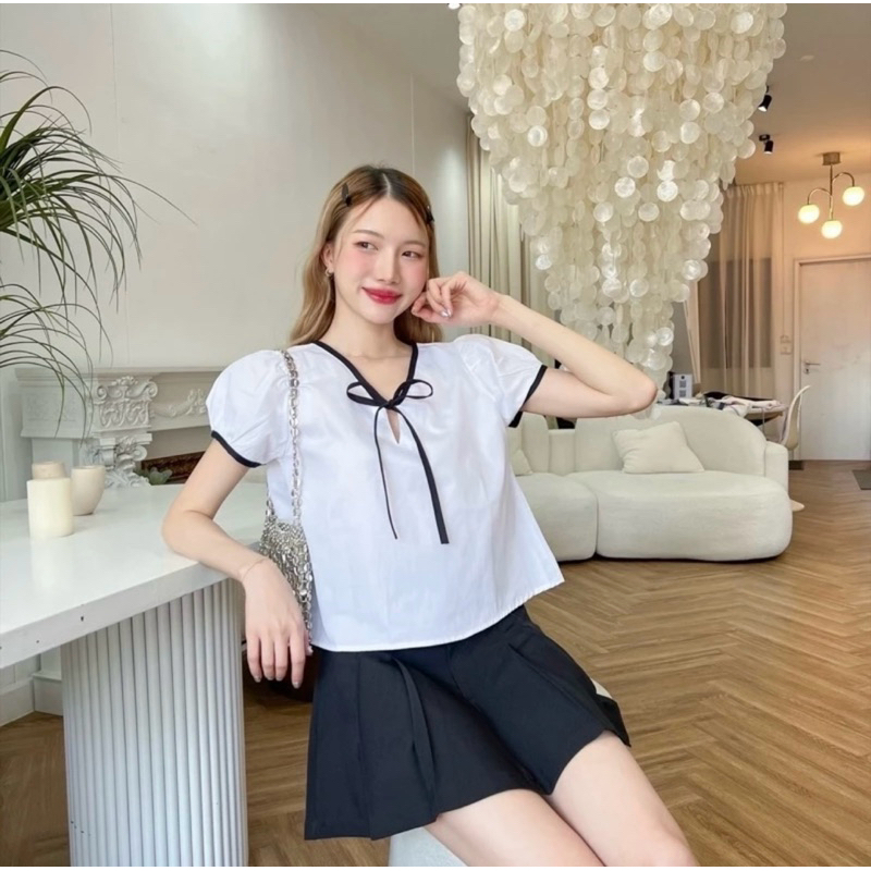 เสื้อทูโทนผูกโบว์หน้า ใส่ได้ทุกโอกาสดีเทลสวยมาก(งานใหม่) สาวๆไซส์ xs sเท่านั้น