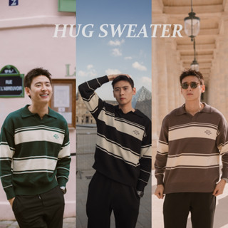 HUG SWEATER สเวตเตอร์ผู้ชาย คอวี แต่งลายทาง ผ้าไหมพรมทอนุ่มค…