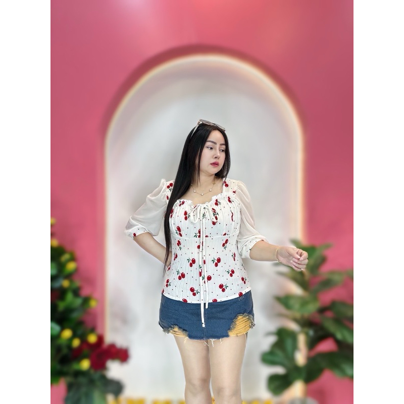 เสื้อสาวอวบเสื้อสาวอ้วนVani อก38-46นิ้ว ความยาว23นิ้ว (รุ่นจั๊มอกแขนยาวลายเชอรี่)