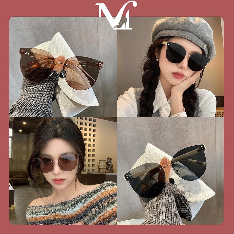 แว่นกันแดดไร้ขอบระดับไฮเอนด์ กรอบใหญ่ทำให้หน้าดูเล็กลง อุปกรณ์เสริมอินเทรนด์ แว่นตากันแดด ย้อนยุคสบาย ๆ มีหลายสีให้เลือก