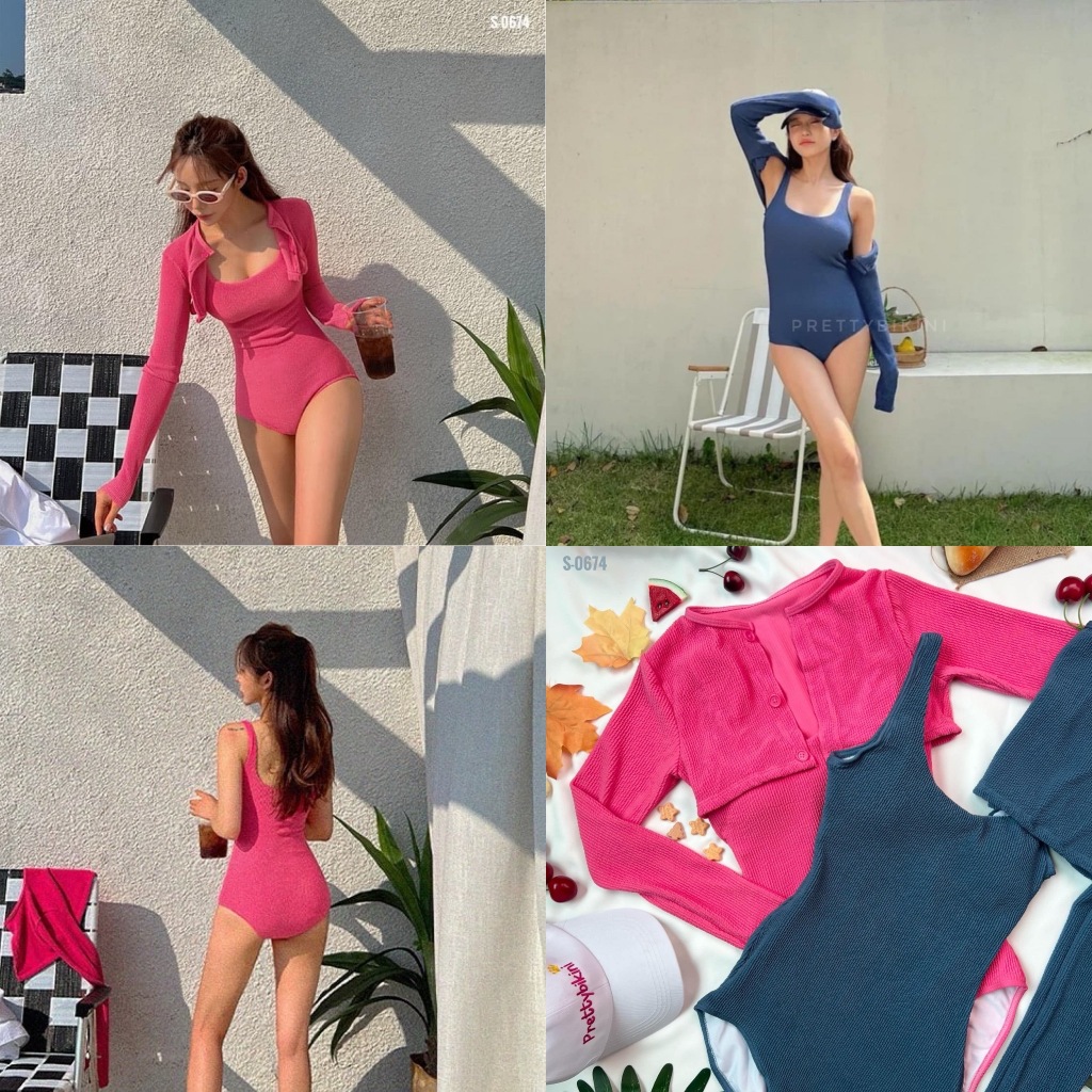 S-0674👉 ชุดว่ายน้ำ วันพีช set 2 ชิ้น มาพร้อมเสื้อคลุมแขนยาว เกาหลีเกาใจสุดๆเลยค่ะ💕🥰