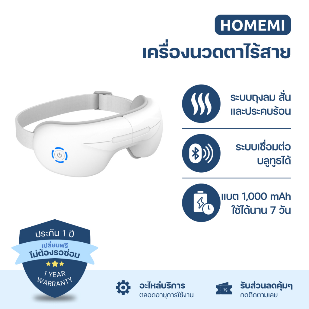 Homemi เครื่องนวดตาไร้สาย Automatic Eye Massager นวดตา ขมับ ผ่อนคลาย ต่อบลูทูธได้ (HM0044-P-WH)