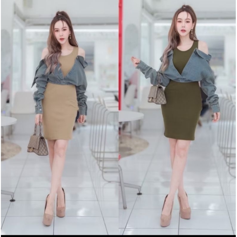 044💘ครีมมีM,L,XL,3xl,4xl[ปกติ]เดรสสั้นผ้าร่องเสื้อยีนส์แยกชิ้นได้