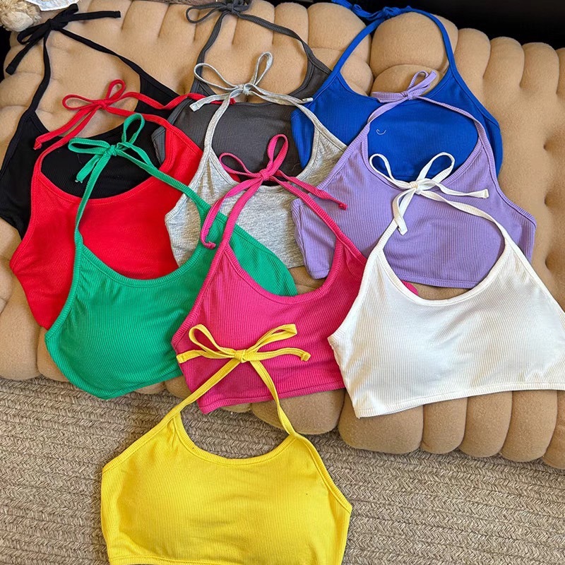 MKL พร้อมส่ง🚚 มินิครอปสายคล้องเป็นแบบผูก มีฟองน้ำในตัว ผ้านิ่มใส่สบายมีทั้งหมด10สี #J525