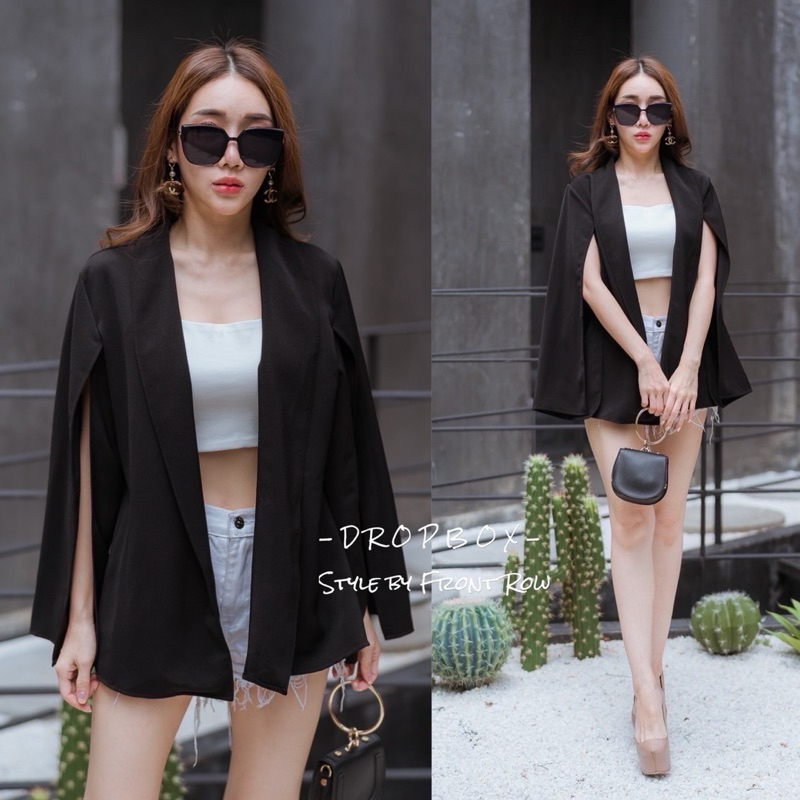 ✅พร้อมส่ง ตัวสุดท้าย✅ เสื้อคลุม สีดำ แขนผ่า อก40“ Dropbox