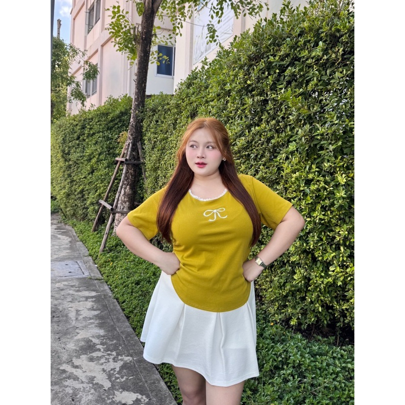 ย 51 เสื้อยืดคอยูแต่งลูกไม้จั๊มเอวผ้าคอตตอนยูนิพรีเมี่ยมสำหรับสาวอวบ