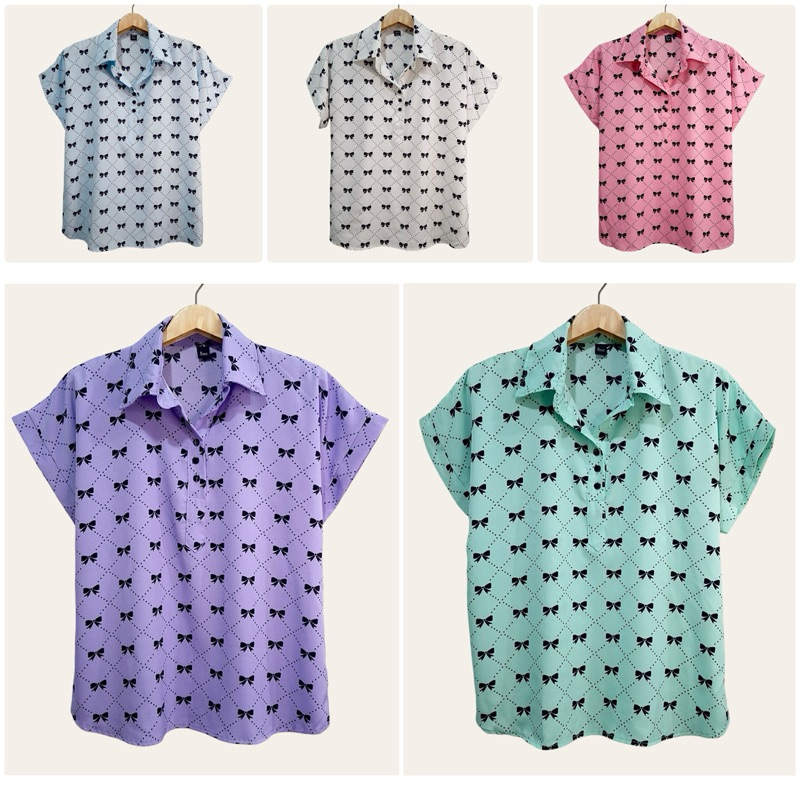 (อก 44“) เสื้อคอปก เเขนสั้น ลายโบว์ ผ้าไหมอิตาลี ไม่ต้องรีด