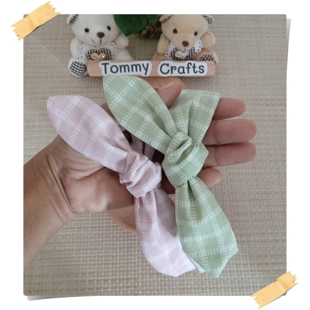 Tommy Crafts ผ้าคาดผมโบว์ผ้าคอตตอนทวิล ไซส์เด็ก/ผู้ใหญ่ ลายตาราง สีเขียว/ชมพูพาสเทล Print cotton twill Hairband