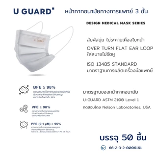 (ส่งฟรี)U-GUARD MASK หน้ากากอนามัย 3 ชั้น LV.1 OVERTURN FLAT EARLOOP ใส่สบายไม่เจ็บหู