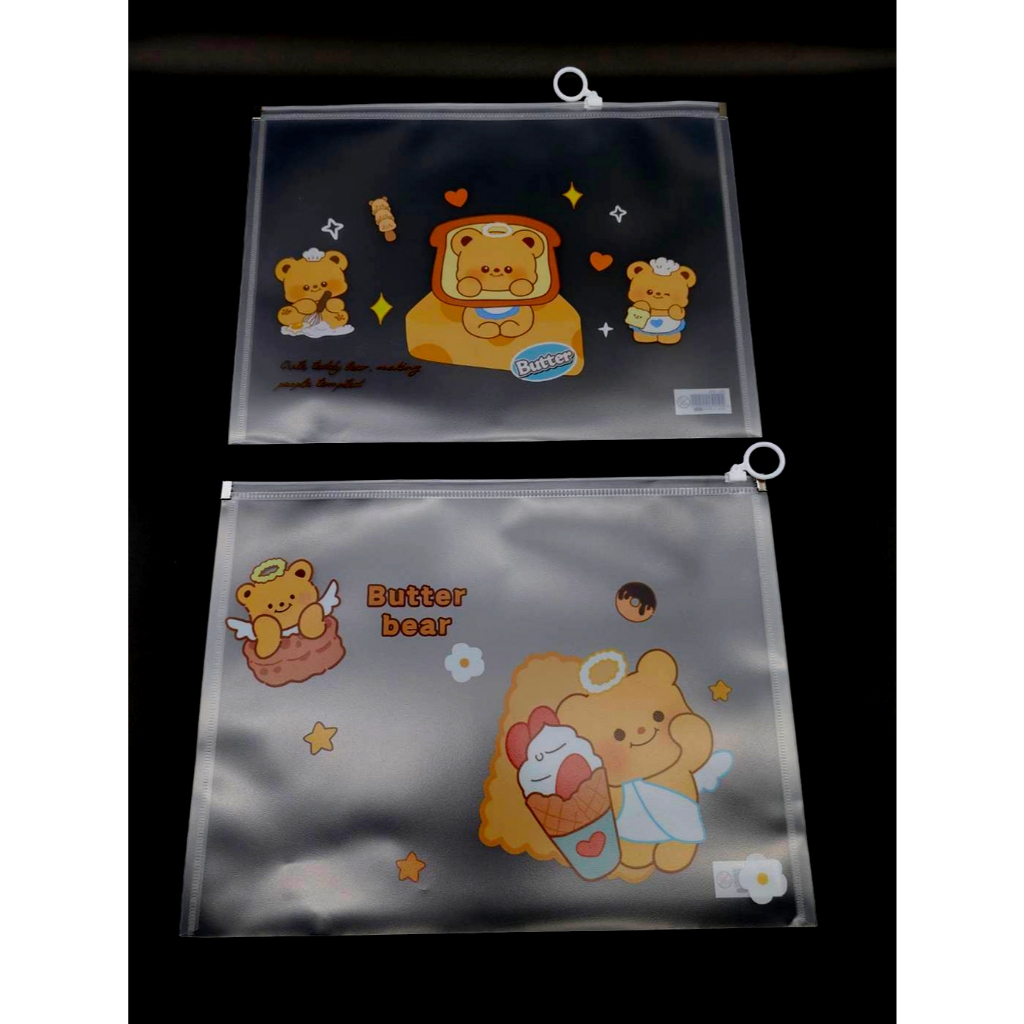 12 ใบ หูรูดสุ่มลายButter Bear A4แฟ้มเก็บเอกสารหูรูดพลาสติกหนาพิมพ์ลายการ์ตูนหมีเนย เครื่องใช้สำนักงาน โรงเรียน