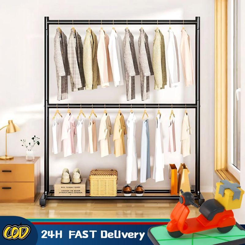 Yac💕ราว 2ชั้น ราวตากผ้า ราวเเขวนผ้าเหล็ก โครงเหล็กเเข็งเเรง เเขวนได้35ตัว+ ราวตากผ้า ชั้นวางของ ราวแขวนผ้าร