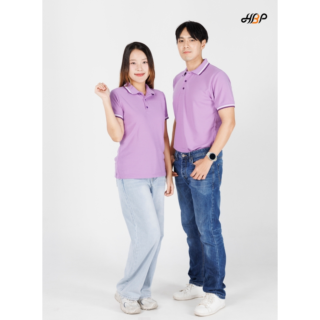 เสื้อโปโลสีม่วงอ่อนขลิบม่วงเข้มขาว แขนจั้ม ไม่มีกระเป๋า ไม่ยืด ไม่ย้วย คงทน ไม่เสียทรง แม้ซักบ่อย ราคาสุดคุ้ม