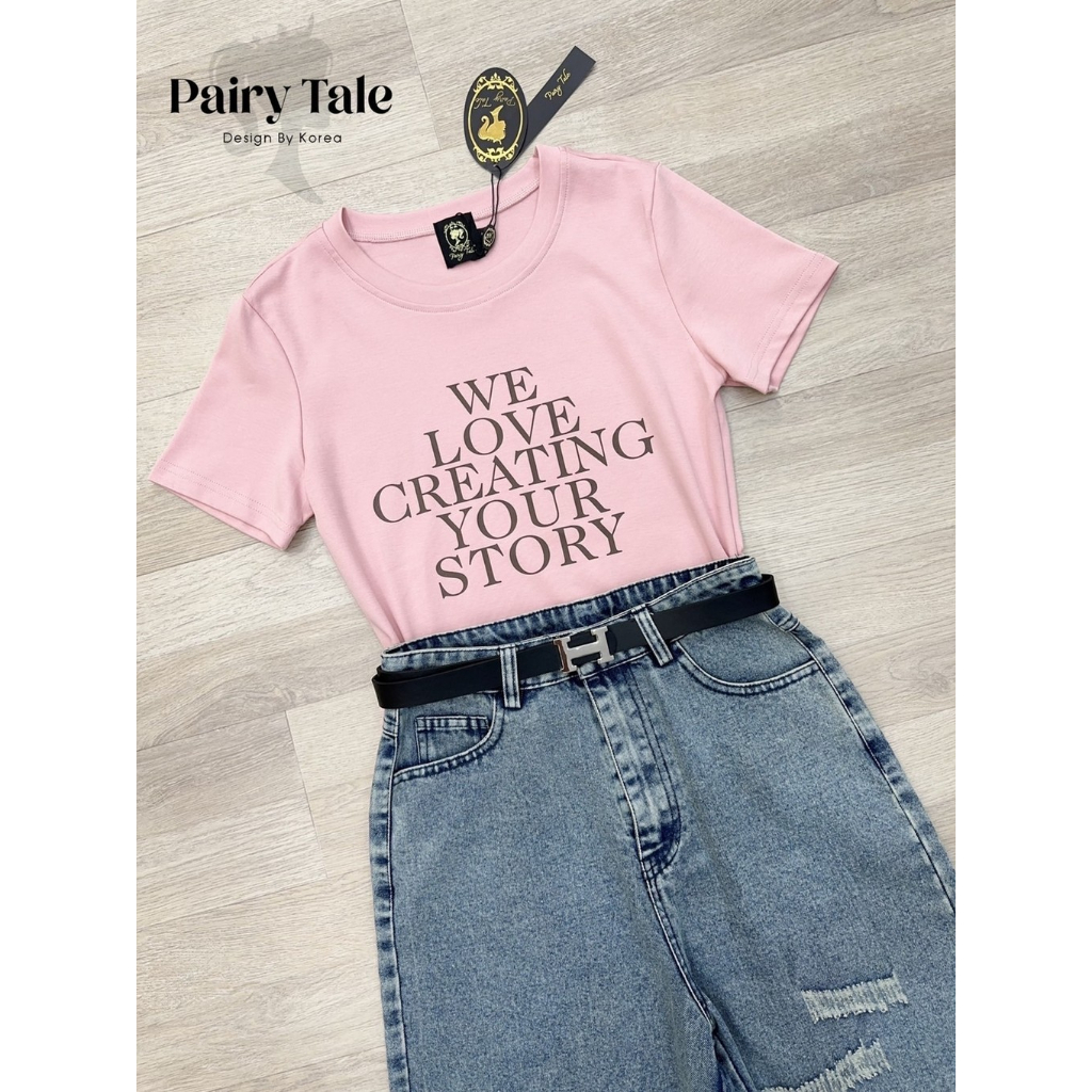 "เช็คสต็อคสินค้าก่อนสั่งซื้อค่ะ" Pairy Tale Set เสื้อยืดสีพีชพิมพ์ลายอักษร แมตกางเกงยีนขา3ส่วนแต่งขาด