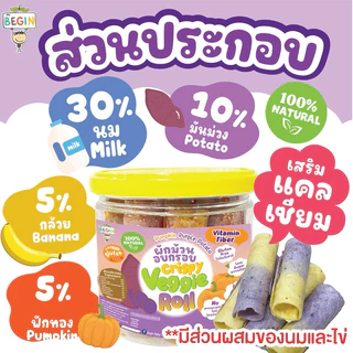 Begin ผักม้วนอบกรอบ แคลเซียมสูง ขนมโปรตีนสูง สูตรไร้แป้งสาลี คุ้กกี้เด็ก วาฟเฟิล ผักกรอบ ขนมเด็ก 8 เดือน อาหารว่างเด็ก