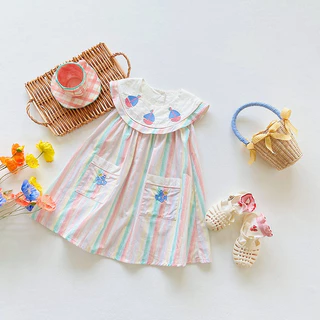 Hania kids พร้อมส่ง ชุดเดรสกระโปรงลายทางสีพาทเทล ลายปัก เนื้อผ้าฝ้าย ชุดเด็กผู้หญิง K4124898