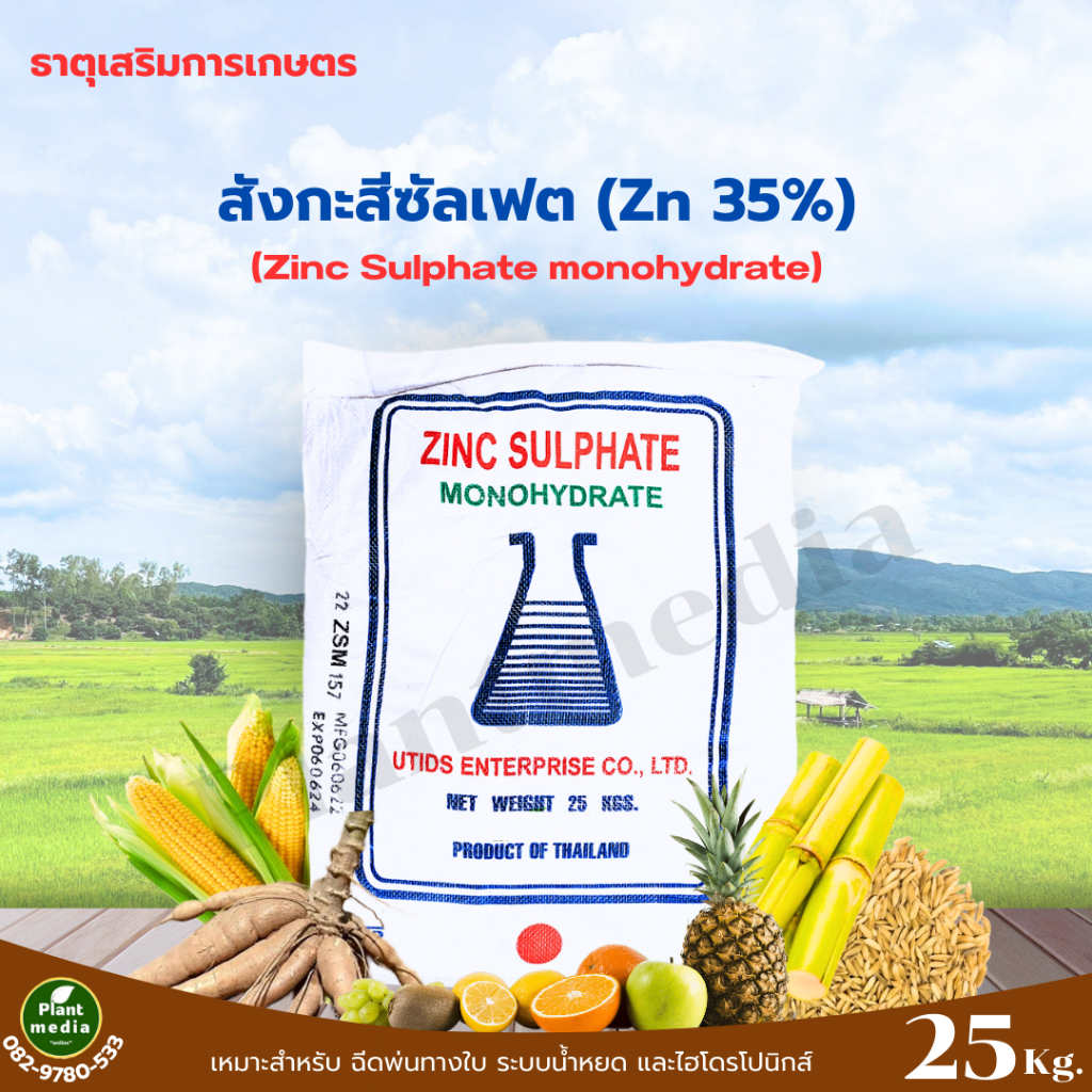 ซิงค์ซัลเฟต Zn 35% ZnSO4.H2O สังกะสีซัลเฟต แบบผง Zinc Sulphate monohydrate  บรรจุ 25 กิโลกรัม.