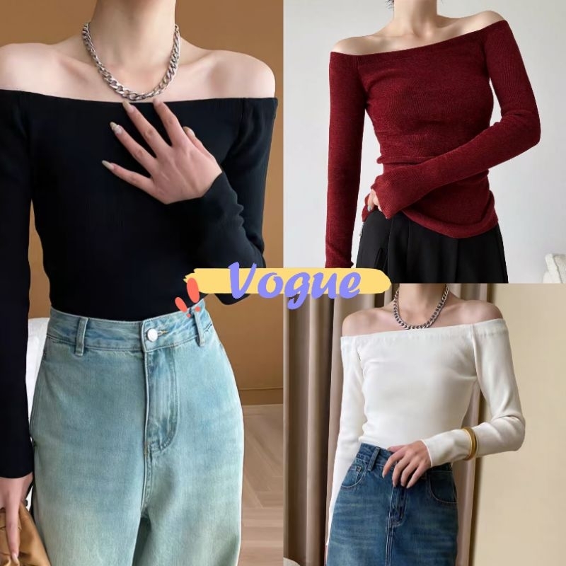 Vogue พร้อมส่ง เสื้อไหมพรมเปิดไหล่ แขนยาว ดีเทลรัดตัวผ้าร่องเล็ก (CY511)