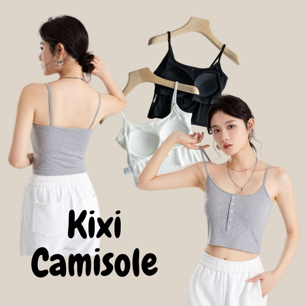 Kixi Camisole เสื้อสายเดี่ยว ทรงครอป กระดุมกลางอก มีซัพฟองน้ำ 2in1 มีบราในตัว