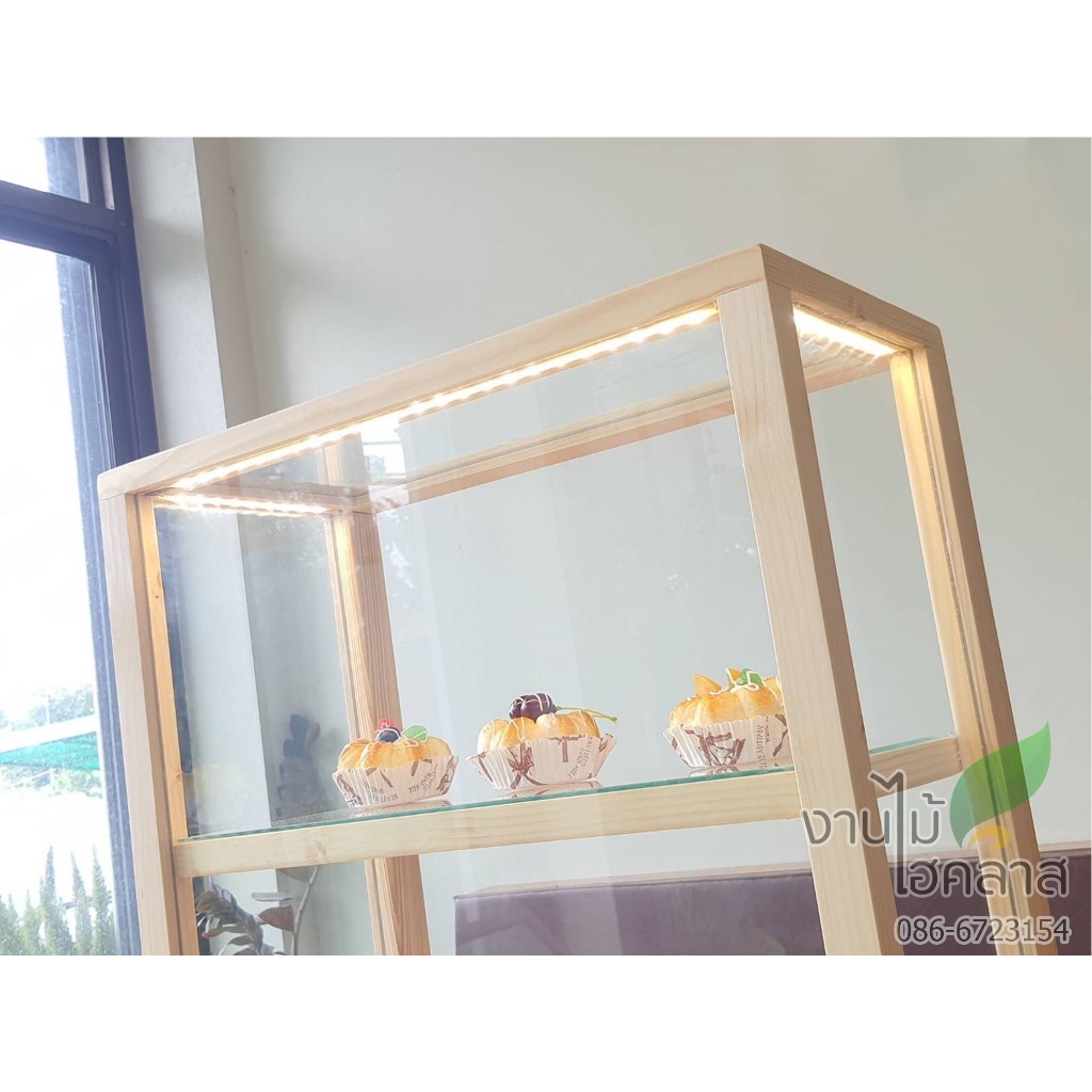 ตู้เบเกอรี่​ ทรงสี่เหลี่ยม​ ขนาด (50*25 สูง 50) ติดไฟ LED ชั้นบน ตู้​โชว์​ใส่อาหาร ตู้กระจก ​​ขายขนม เลือกสีไม้และไฟได้ - รูปที่ 4