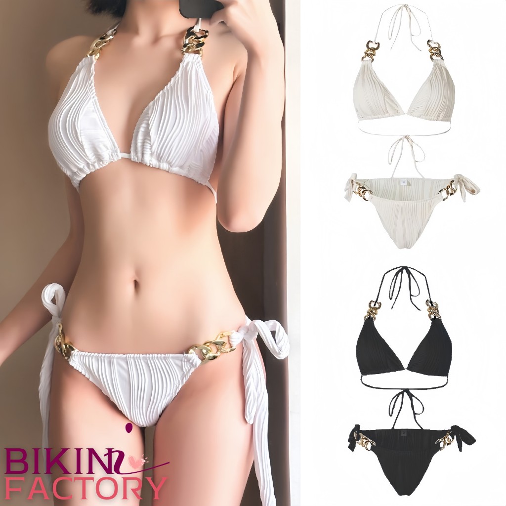 BIKINI FACTORY ชุดว่ายน้ำ บิกินี่เซ็ท2ชิ้น บิกินี่แบบผูก ประดับโซ่ทอง ไร้โครงรูดบราได้ BK-131